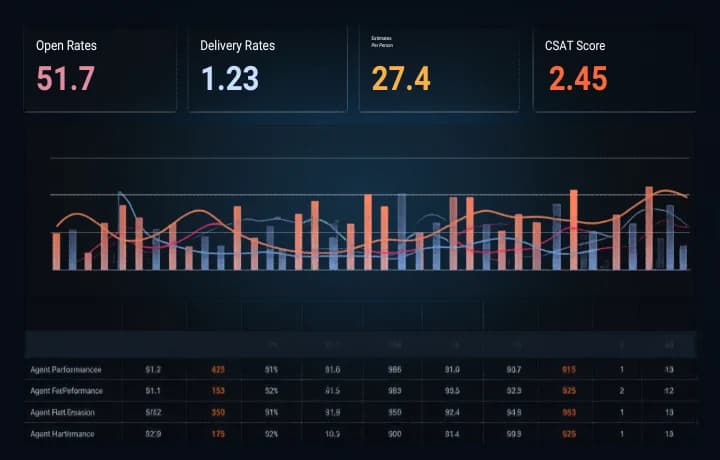 WhatsApp Business analytics dashboard with charts showing message delivery rates and campaign ROI
