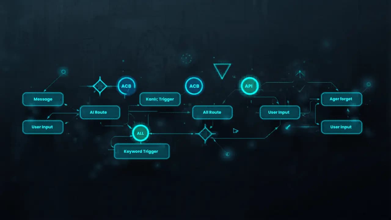 WhatsApp chatbot flow builder showing decision trees and automated response sequences